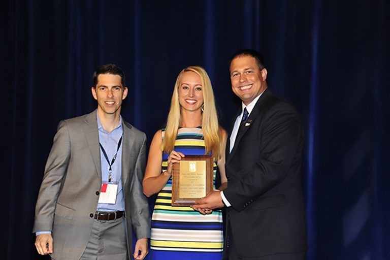 ► Joe McLeod, (left) Florida Public Relations Association Dick Pope/Polk County Chapter President-elect, received the Joe Curley Rising Leader Award at the annual FPRA Conference.