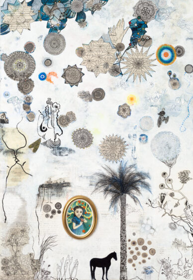 Soul Within Your Dust (Notes on Romanticism), 2015, white glitter, India ink and acrylic on paper mounted on wood, with framed pastel drawing, 5