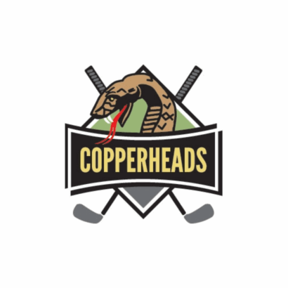 Copperheads golf logo featuring a snake and crossed golf clubs.