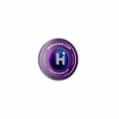 Humacoin logo featuring a stylized “H” over a digital globe with purple and blue gradients.