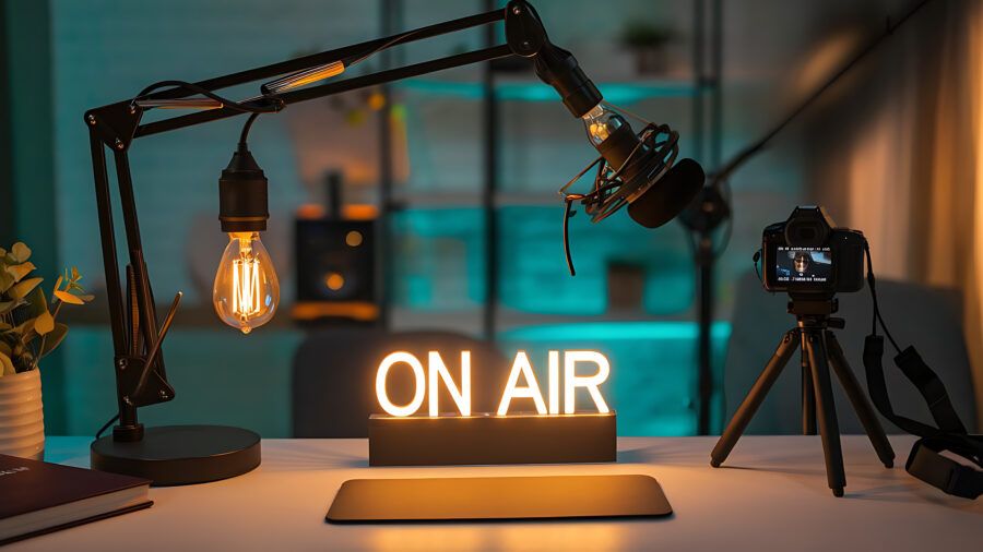 Cozy Modern Online Radio Studio Setup with On-Air Sign, radio studio setup, podcast equipment, online broadcasting, on-air sign, modern studio design, podcasting microphone.