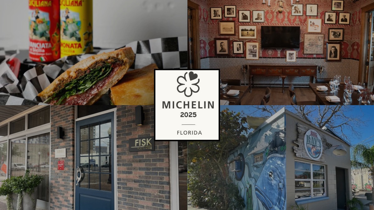 Collage of Tampa restaurants recognized by the MICHELIN Guide Florida, featuring food, interiors and storefronts