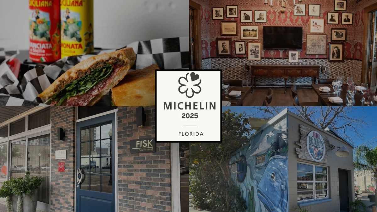 Collage of Tampa restaurants recognized by the MICHELIN Guide Florida, featuring food, interiors and storefronts