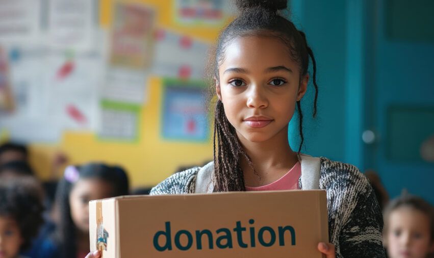 Young Girl Holding Donation Box in Classroom:  A Portrait of Generosity and Community Support
