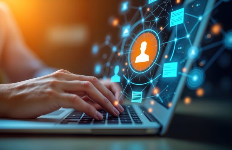 Person types on laptop computer. Digital online recruitment tech displayed on screen. Headhunting process for team building. Finding right employee candidate. Human resources, digital recruitment.