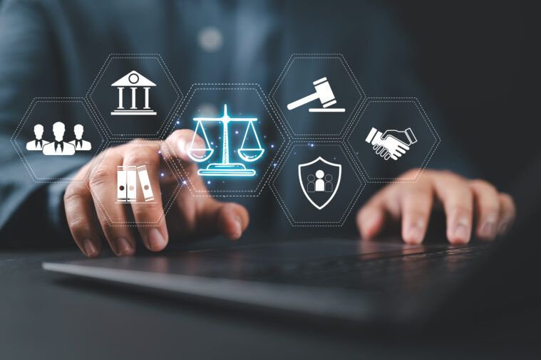 Legal Professional with Justice Icons. A suited legal professional touches virtual icons symbolizing law, justice, and legal services. Business legislation, Notary public, Lawyer, legal advice online