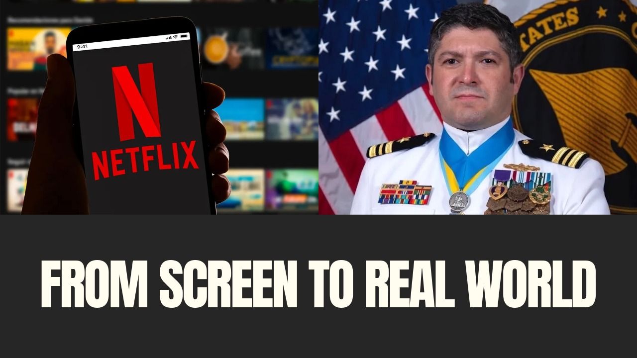 A split image shows a smartphone displaying the Netflix logo on the left and Bryan Stern in a decorated U.S. military uniform in front of an American flag on the right, with the words “From Screen to Real World” across the bottom.
