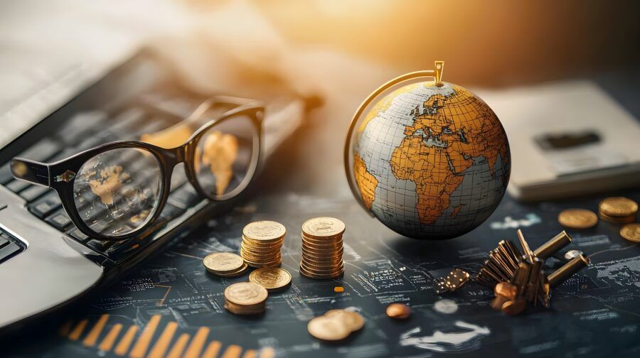 Conceptual of a globe surrounded by high taxes tariffs and other economic policies that impact international trade commerce and financial markets globally