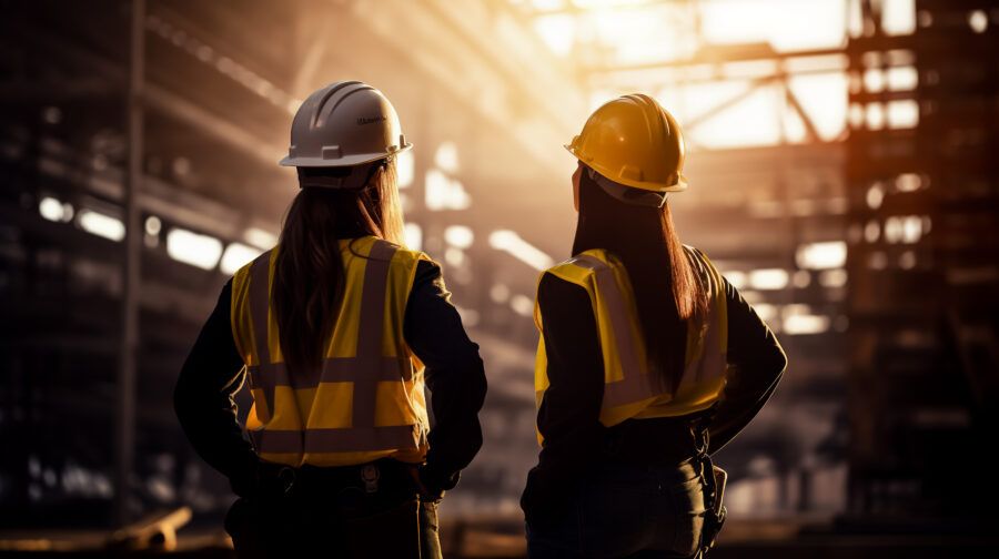 Couple of women standing next to each other on top of construction site.