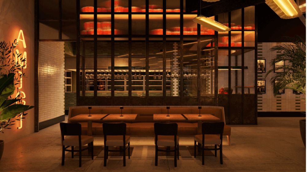 Forbici dining room with warm lighting and wood finishes.