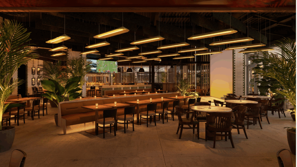Forbici open-concept dining with greenery and lighting.