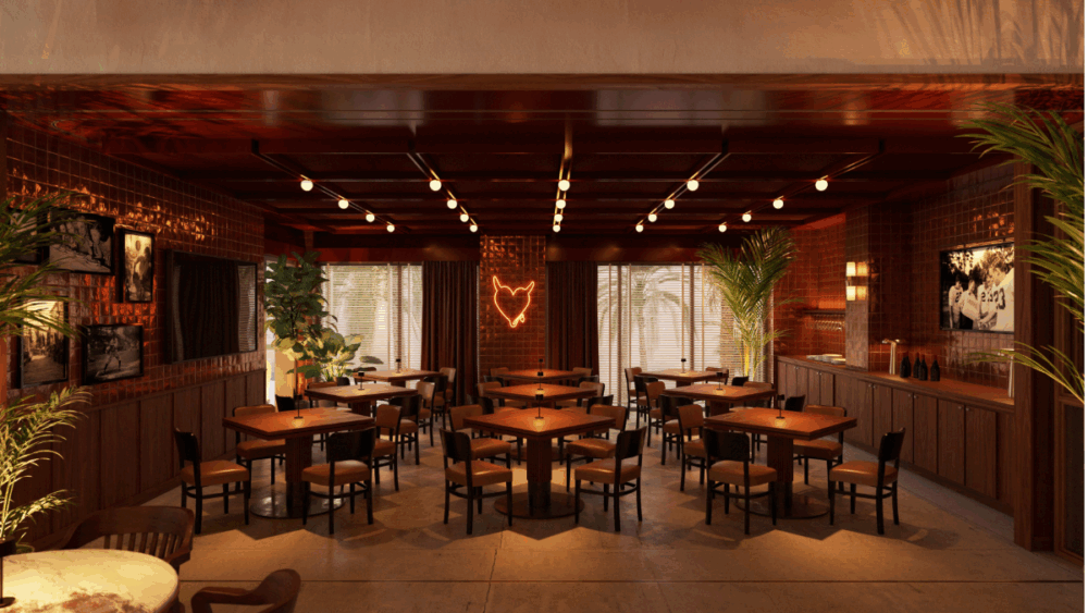 Forbici private dining room with long tables.