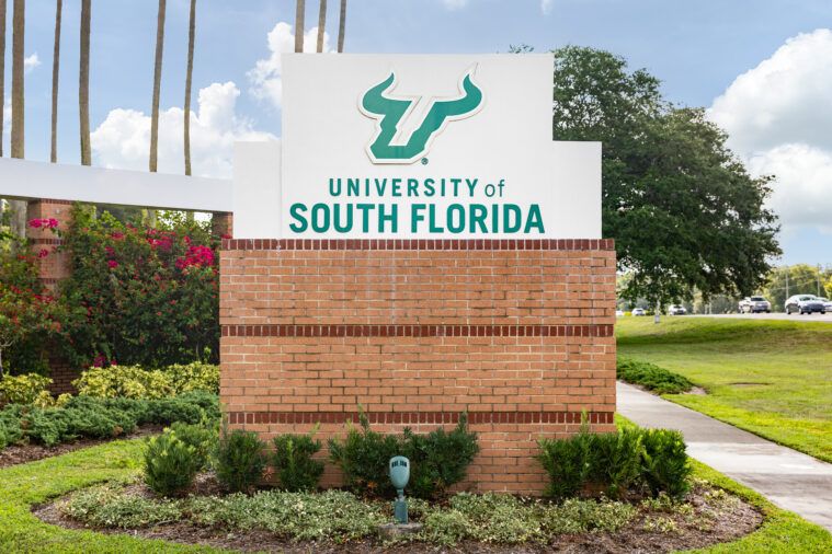 Entrance sign for the University of South Florida in Tampa, featuring the green bull logo on a brick and white monument surrounded by landscaping