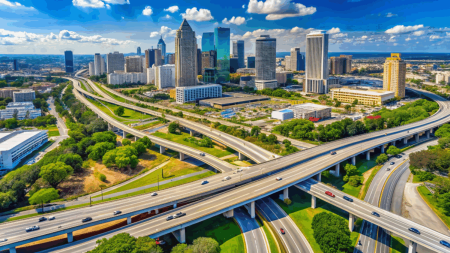Aerial view of downtown Tampa with the Selmon Expressway and surrounding highway interchanges on a clear day.