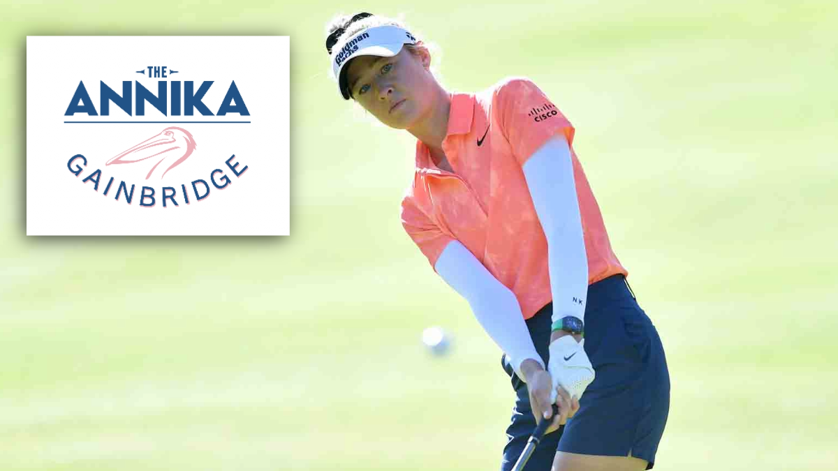 Anne-Sterre den Dunnen, Wake Forest senior golfer, preparing to chip on the fairway, with The Annika driven by Gainbridge tournament logo displayed on the left.