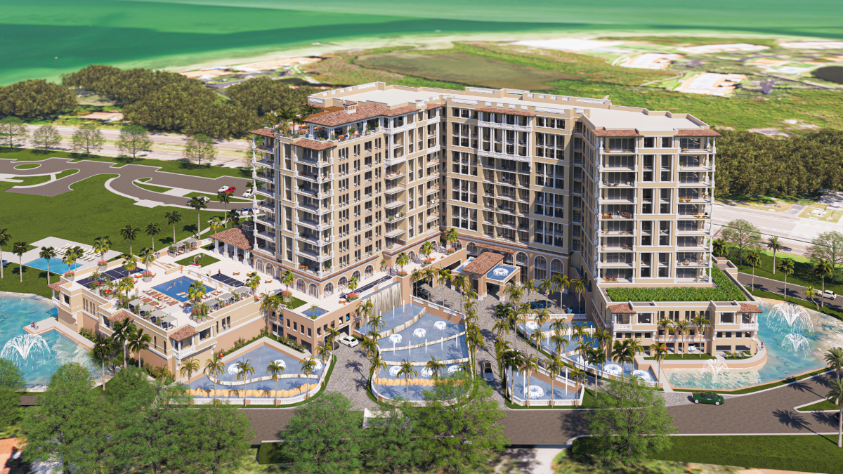 Rendering of Marina Bay Residence, a planned 12-story, $120 million condominium tower on the Pinellas Bayway in St. Petersburg, with rooftop amenities, pools and waterfront views.