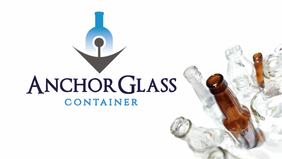 Anchor Glass Container logo alongside a group of empty glass bottles.
