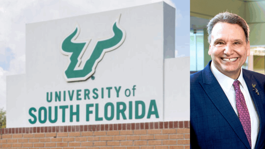 Split image showing the University of South Florida campus sign with the green bull logo on the left, and Moez Limayem, smiling in a suit and tie, on the right.