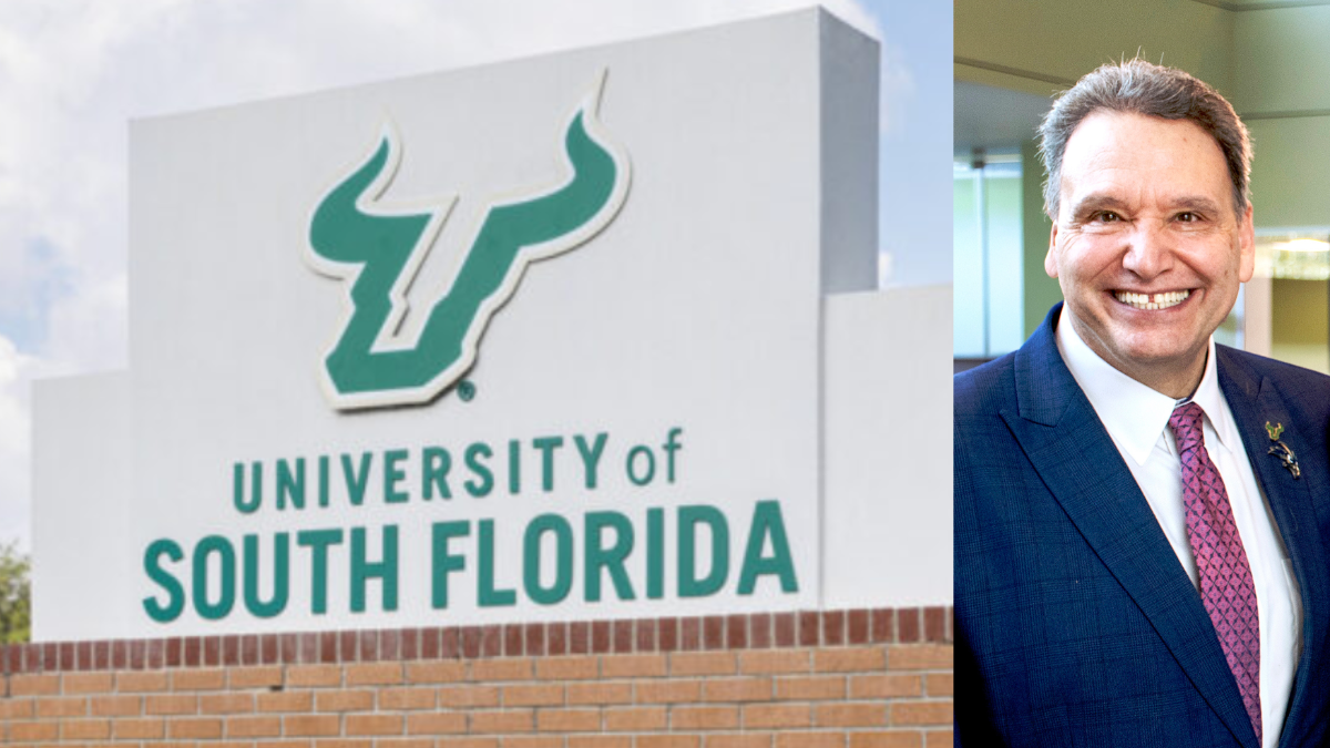 Split image showing the University of South Florida campus sign with the green bull logo on the left, and Moez Limayem, smiling in a suit and tie, on the right.