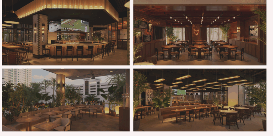 Renderings of Forbici Modern Italian’s upcoming St. Petersburg location at Sundial, showing a central bar with large TVs, a private dining space, an outdoor patio with lush greenery, and open-concept seating with modern lighting.