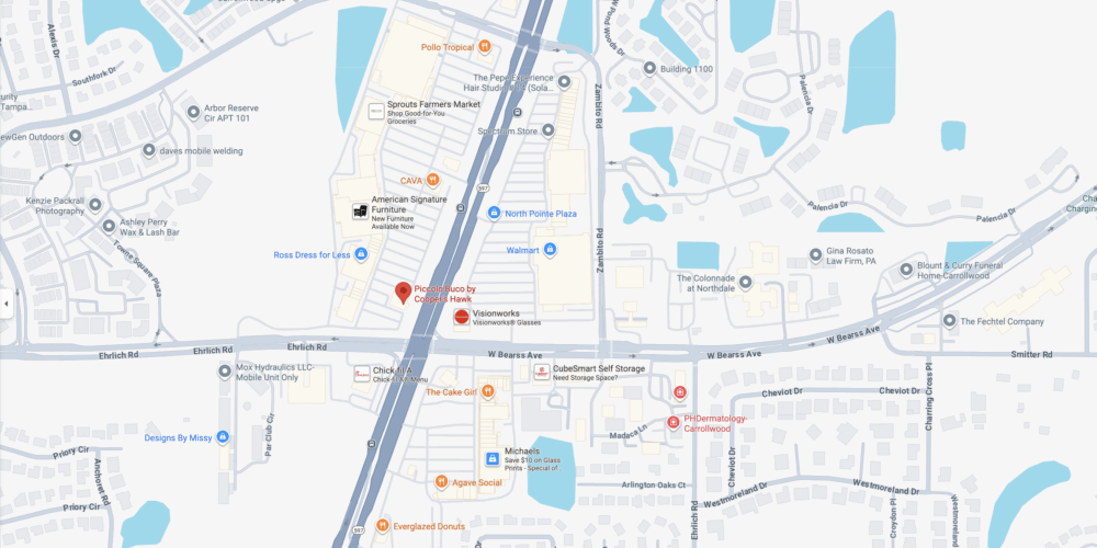 Map showing the location of Piccolo Buco by Cooper’s Hawk at 14904 N. Dale Mabry Highway in Carrollwood, near Sprouts Farmers Market, Walmart and North Pointe Plaza.