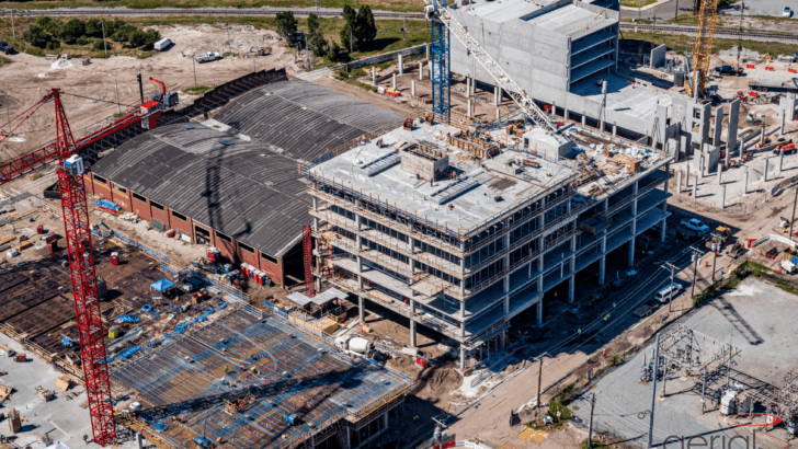 Aerial view of the Gasworx mixed-use development under construction in Ybor City, Tampa