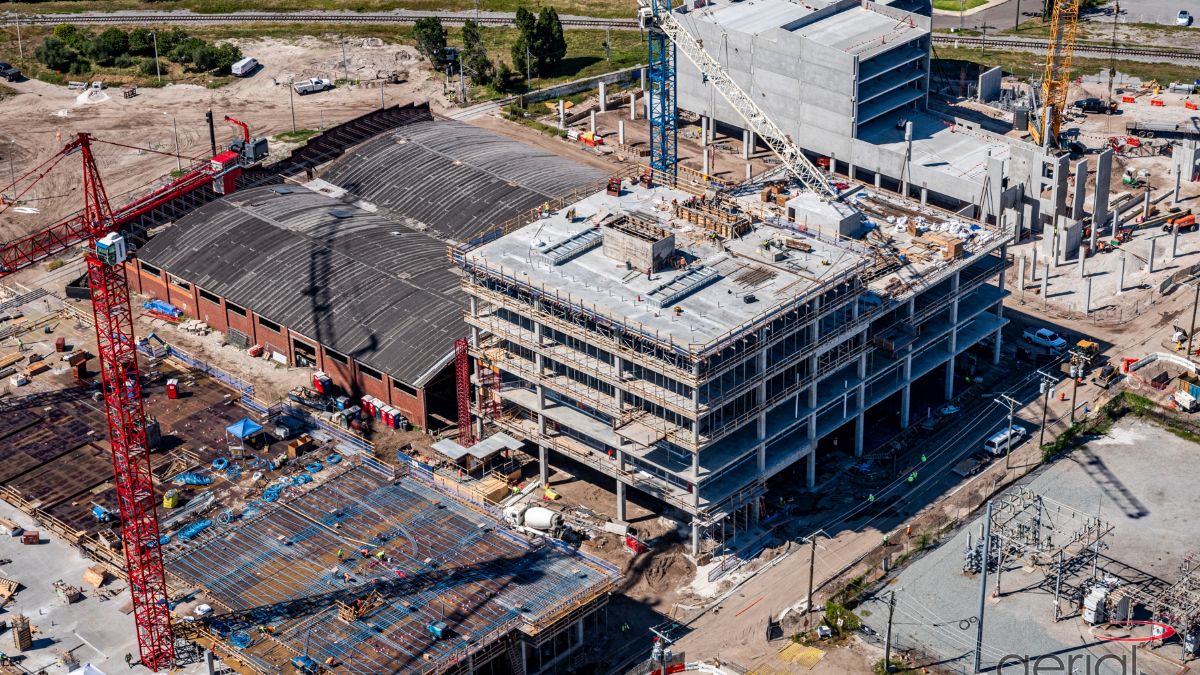 Aerial view of the Gasworx mixed-use development under construction in Ybor City, Tampa