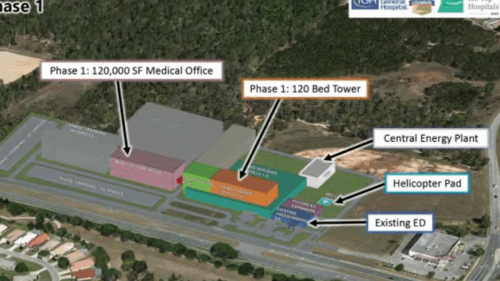 A site plan rendering shows Tampa General Hospital’s planned Citrus Hills expansion, including a 120-bed tower, a 120,000-square-foot medical office building, a central energy plant, and a helicopter pad adjacent to the existing emergency department.