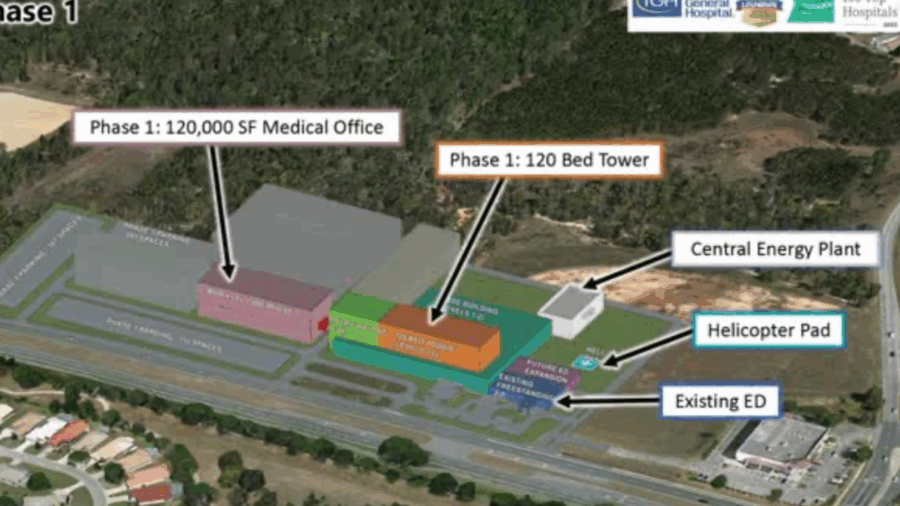 A site plan rendering shows Tampa General Hospital’s planned Citrus Hills expansion, including a 120-bed tower, a 120,000-square-foot medical office building, a central energy plant, and a helicopter pad adjacent to the existing emergency department.