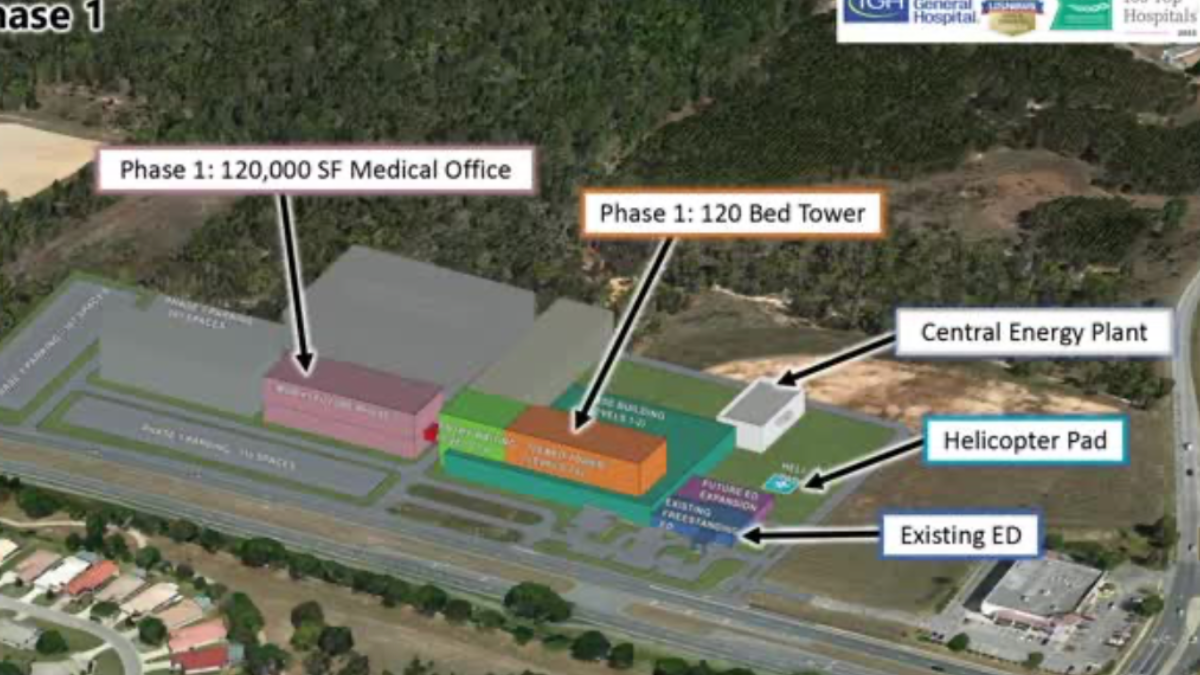 A site plan rendering shows Tampa General Hospital’s planned Citrus Hills expansion, including a 120-bed tower, a 120,000-square-foot medical office building, a central energy plant, and a helicopter pad adjacent to the existing emergency department.