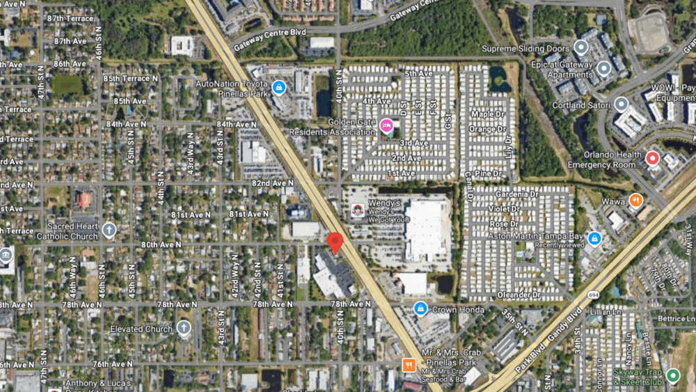 Map view showing the location of Bojangles’ first Tampa Bay restaurant at 7930 U.S. Highway 19 North in Pinellas Park, near Crown Honda, Mr. & Mrs. Crab, and the Gateway Centre area.