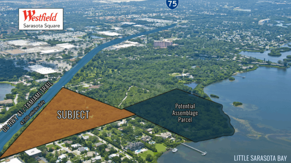 Aerial view of the future site of Tapestry Sarasota along U.S. 41 (Tamiami Trail) west of Palmer Ranch, showing proximity to Westfield Sarasota Square and Little Sarasota Bay.
