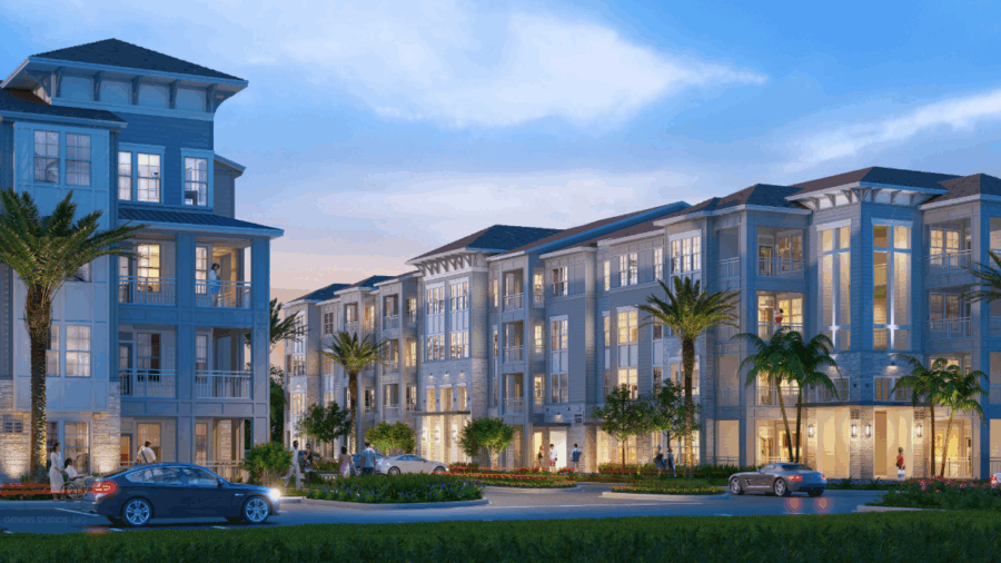 Rendering of Tapestry Sarasota, a four-story luxury apartment community developed by Arlington Properties and Battery Global Advisors near Palmer Ranch in South Sarasota, featuring modern coastal architecture, palm-lined streets, and resort-style design elements.