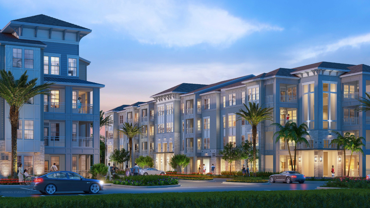 Rendering of Tapestry Sarasota, a four-story luxury apartment community developed by Arlington Properties and Battery Global Advisors near Palmer Ranch in South Sarasota, featuring modern coastal architecture, palm-lined streets, and resort-style design elements.
