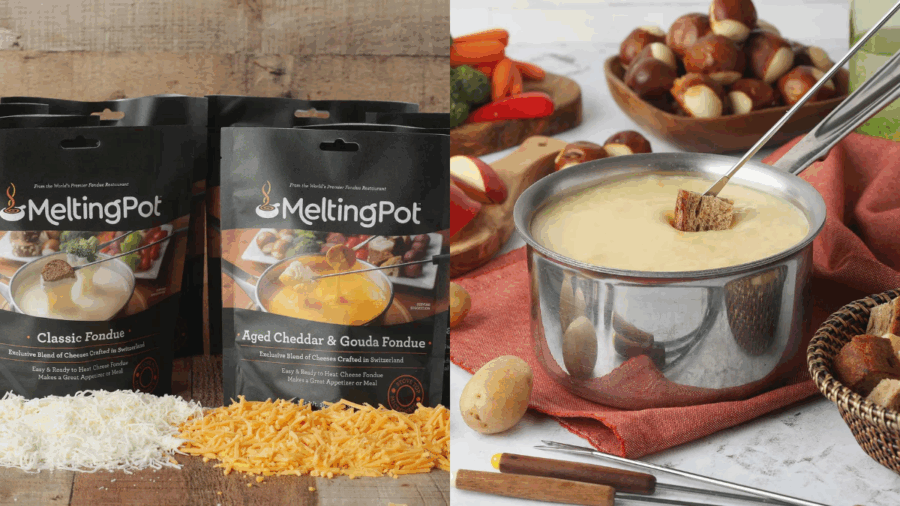 Melting Pot at Home fondue packages beside a pot of melted cheese with bread and vegetables arranged on a table
