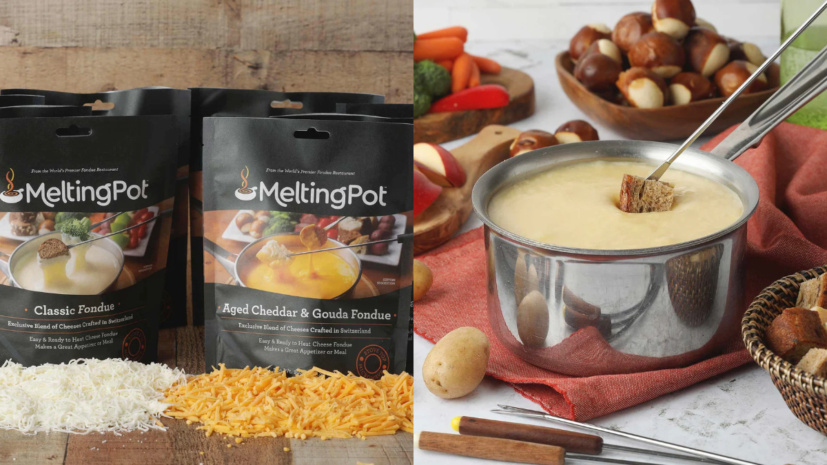 Melting Pot at Home fondue packages beside a pot of melted cheese with bread and vegetables arranged on a table