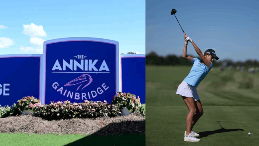 he ANNIKA driven by Gainbridge sign at Pelican Golf Club in Belleair, and a golfer taking a swing on the course under clear skies.