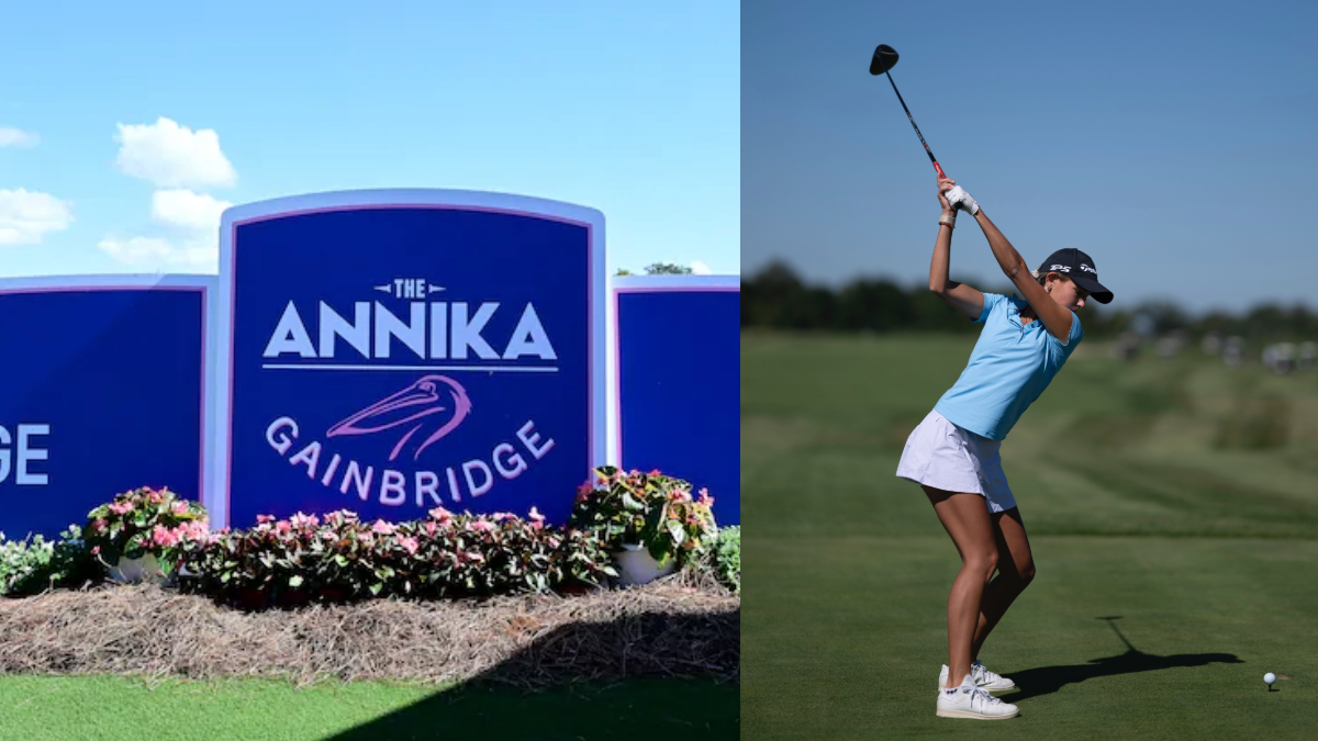he ANNIKA driven by Gainbridge sign at Pelican Golf Club in Belleair, and a golfer taking a swing on the course under clear skies.