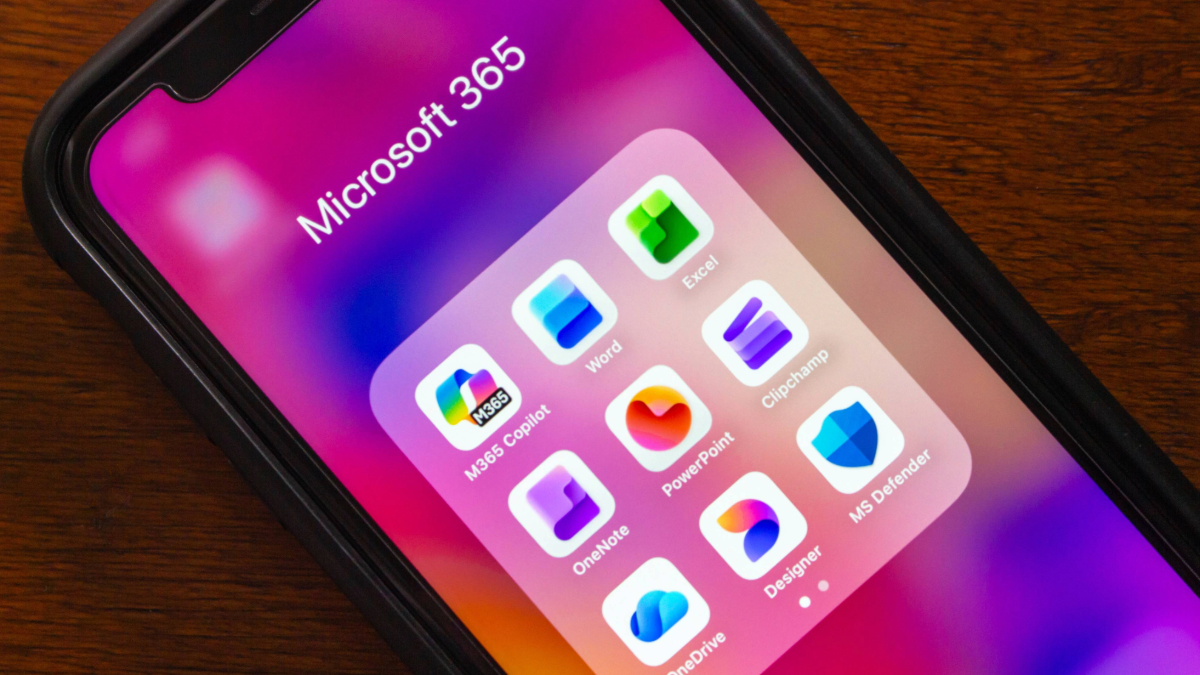 Microsoft 365 apps displayed on a smartphone screen, including Word, Excel, PowerPoint, and OneDrive