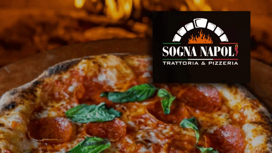 Sogna Napoli logo displayed over a pepperoni pizza with fresh basil, representing the Carrollwood Italian restaurant expanding to Wesley Chapel and Odessa.