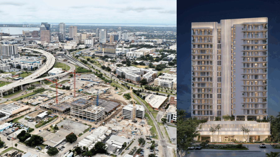 Split image showing Tampa’s Gasworx development under construction alongside a rendering of the Aston Martin Residences Daytona Beach Shores tower.