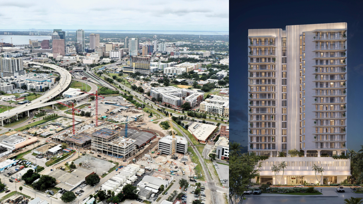 Split image showing Tampa’s Gasworx development under construction alongside a rendering of the Aston Martin Residences Daytona Beach Shores tower.