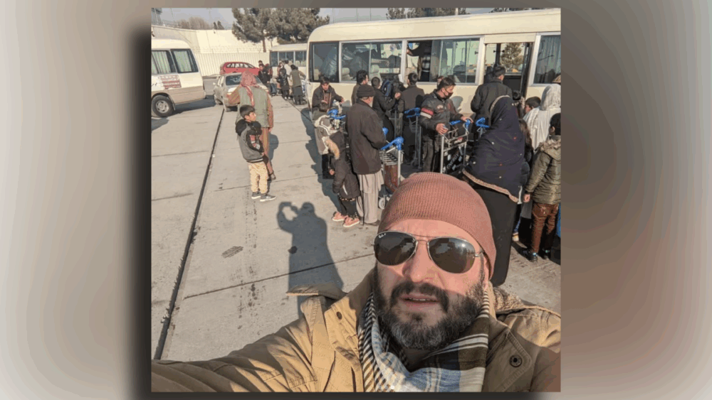 Bryan Stern, founder of Tampa-based Grey Bull Rescue, during an evacuation mission in Afghanistan in August 2021 as families board buses to escape Kabul.