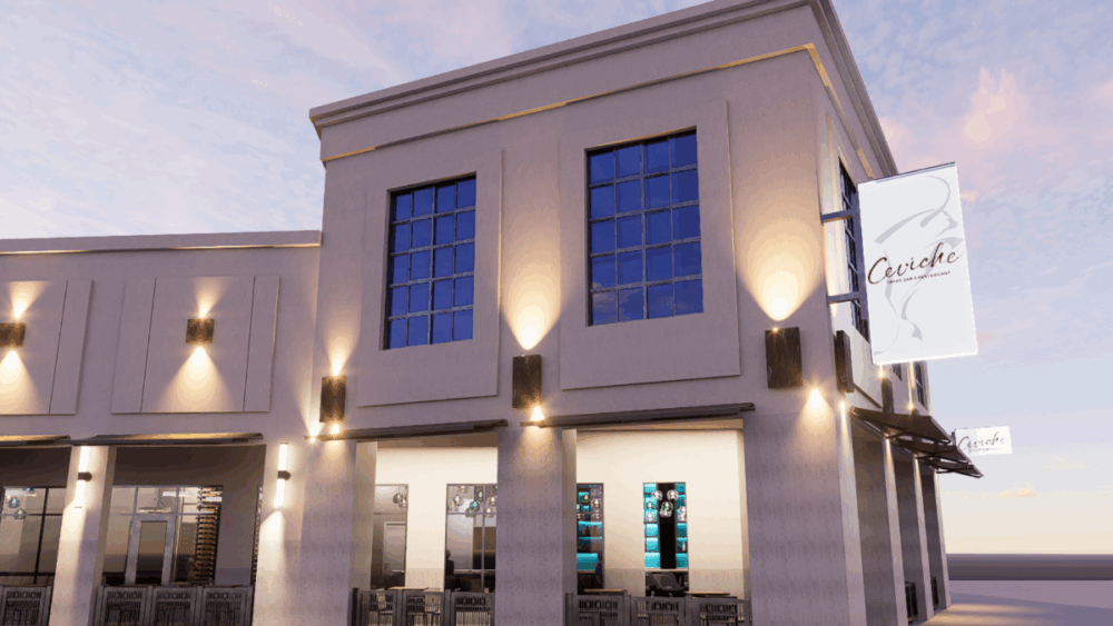 Exterior rendering of Ceviche Tapas Bar & Restaurant at International Plaza in Tampa, showing modern architecture and outdoor seating.