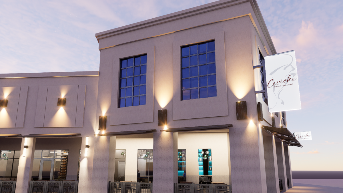 Exterior rendering of Ceviche Tapas Bar & Restaurant at International Plaza in Tampa, showing modern architecture and outdoor seating.