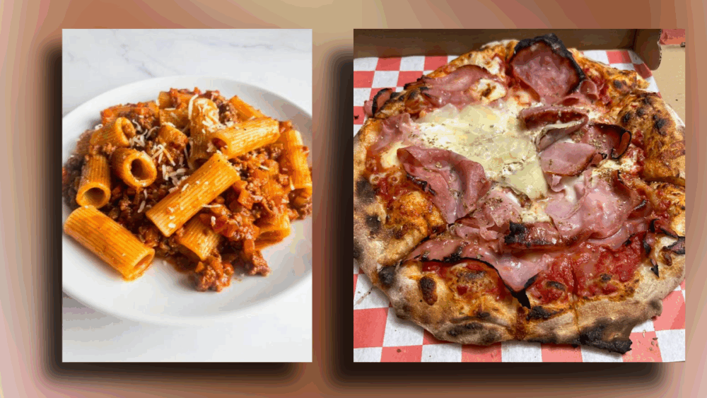 A plate of rigatoni bolognese and a Montecristo pizza topped with ham and cheese, two signature dishes from Sogna Napoli in Carrollwood.