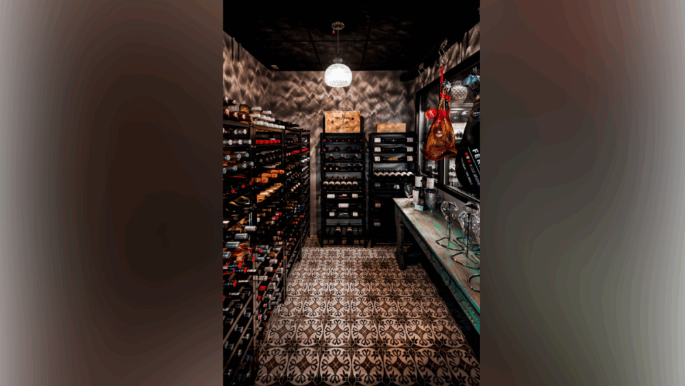 Wine cellar with Spanish and international bottles at Ceviche Tapas Bar & Restaurant in St. Petersburg.