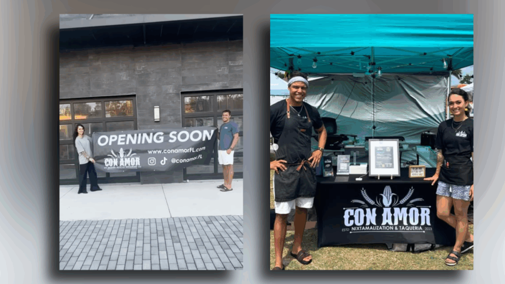 Chef Taylor Dillon and Kayla Chang of Con Amor hold an “Opening Soon” banner outside Avenue Lofts in Seminole Heights and stand at their pop-up booth at a local Tampa festival.