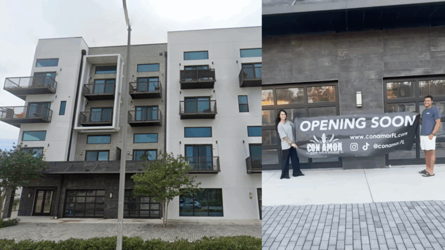 Avenue Lofts building in Seminole Heights, with Con Amor co-owners Kayla Chang and Taylor Dillon holding an “Opening Soon” banner outside their upcoming restaurant.