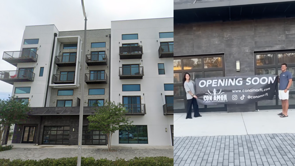 Avenue Lofts building in Seminole Heights, with Con Amor co-owners Kayla Chang and Taylor Dillon holding an “Opening Soon” banner outside their upcoming restaurant.